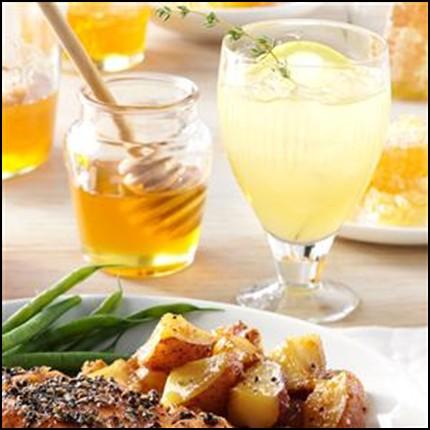 Ingredients: 15 fresh thyme sprigs 2 cups water, divided 1 cup sugar, divided 9 medium lemons, halved 1/4 cup honey 1/4 teaspoon almond extract 5 cups cold water Directions: STEP 1 In a small bowl,