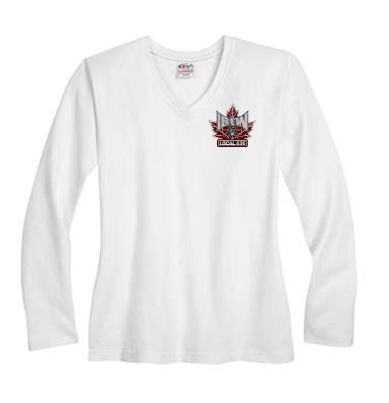 00 WOMEN S V-NECK (WHITE LONG SLEEVE) -Union made in Canada - 95% cotton/ 5%