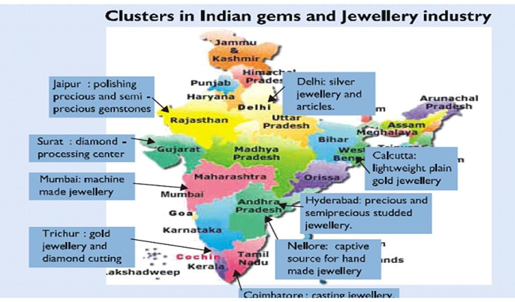 GEOGRAPHIC SPREAD OF GEMS AND JEWELLERY INDUSTRY IN INDIA The jewellery crafting and designing is confined to only a few regions in the country and every region specializes in separate craftsmanship