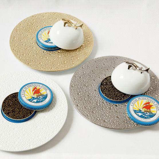 FESTIVITIES BY BERNARDAUD ECUME COLLECTION INDIVIDUAL CAVIAR DISHES. EACH PLATE ACCOMODATES A TIN OF CAVIAR ND THE DOME IS EMBELLISHED BY A MINIATURE STURGEON FISH.