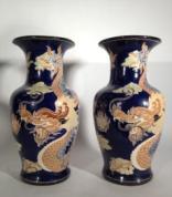 5 1155 TWO VASES DRAGONS Two ceramic blue vases with polychrome dragon H: 53 cm - 21" D: 30