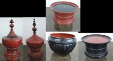 Also included: Black, red and gold lacquered bamboo Vase with lid for offerings. Burma.