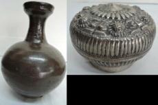 5 x 6 ' 1096 BRONZE VASE RAKU BOWLS Bronze vase with a flared neck with floral Also included: Set of