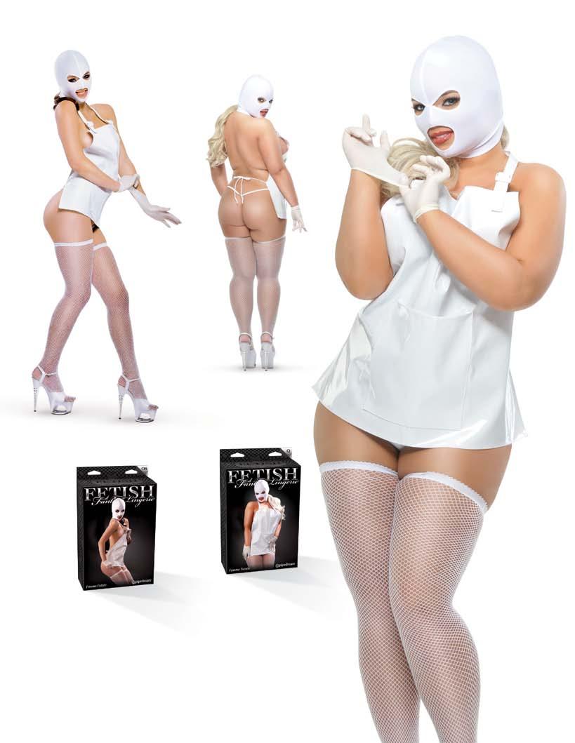 Femme Fatale 17 Spandex 3 Hole Hood Vinyl Apron with Pocket G-String Latex Gloves Fishnet Thigh Highs Comfortable