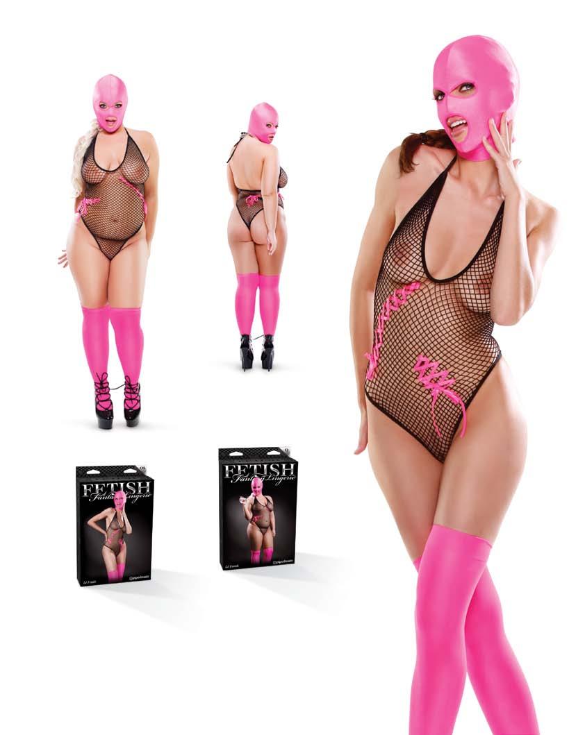Lé Freak 43 Bodysuit Pink Ribbons Hood Thigh Highs Halter Tie Fishnet Bodysuit with Pink Ribbon Details
