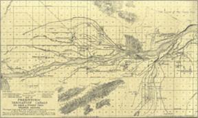Omar Turney map of 1929 showing prehistoric irrigation canals north and south of the Salt River in the Phoenix area.