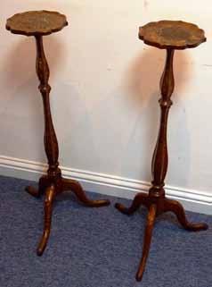 Lot 540 Lot 537 537 A pair of 18th/19th Century Dutch walnut and floral marquetry inlaid Torchere Stands, each with flower head shaped top above a baluster turned stem and on tripod base, each approx.