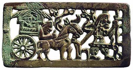 Fig. 3. Buckle plaque with man leading horsedrawn, covered cart and passengers through trees. Bronze, 2 nd 1 st century BCE, W: 11.1 cm; H: 5.7 cm (Kost 2014, pl. 83.3, [main text] p. 126); cf.