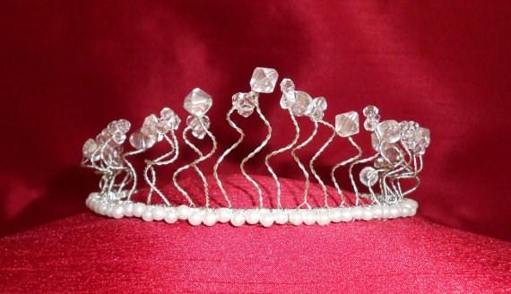 Made with glass beads and white seed pearls on a silver plated tiara band. Similar 'wiggly wire' designed tiara can be made in different colours and with different beads.