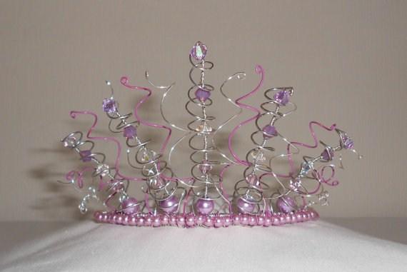 Crystal Amethyst Quirky Lilac Froth Tiara. Frothy wiggly wires in silver and lilac colours. Sparkly Swarovski Crystals, glass pearls and seed pearls on a silver coloured band.