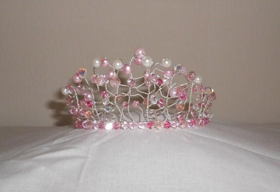 16 Pink Pearl Beautiful tiara made from pink and white glass pearls, nugget pearls, beautiful sparkly 8m and 6m AB Swarovski crystals in light rose, rose, and fuchsia colours.