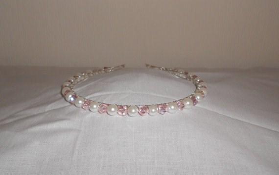 Pink Crystal & Pearl Band Beautiful headband, perfect for a bride or bridesmaids. Made with Pink sparkly crystal twists and white glass pearls on a silver plated band.
