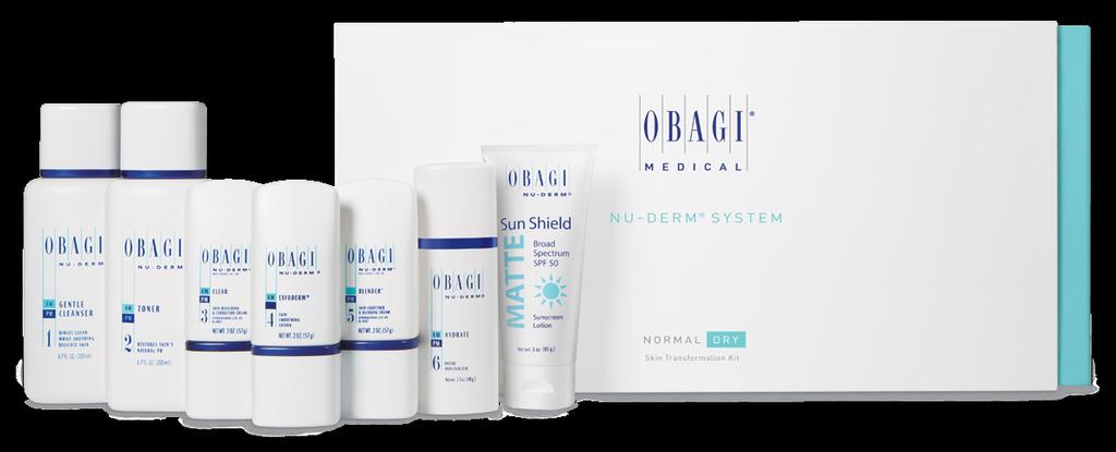 Nu-Derm Systems Skin Transformation Kit Normal to Dry Gentle Cleanser (6.7 FL. OZ.) Toner (6.7 FL. OZ.) Rx ONLY Clear (2 OZ.) Exfoderm (2 OZ.) Rx ONLY Blender (2 OZ.) Hydrate (1.7 OZ.
