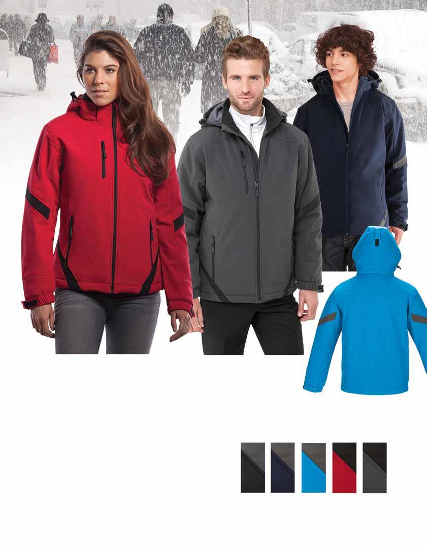 V INSULTED SOFT SHELL WITH DETCHBLE HOOD Polyester/Spandex 3-layer bonded softshell. Full body thermal quilted insulation in CX2 printed lining. Detachable thermal lined hood.