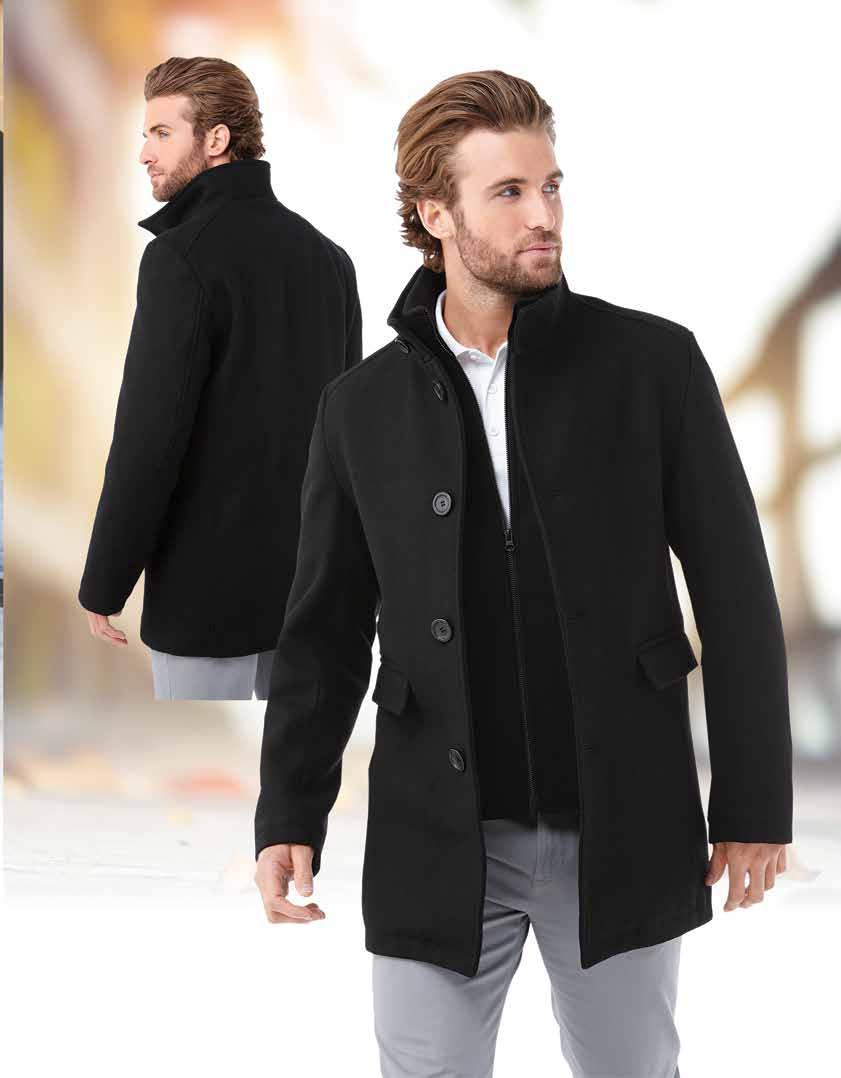 WOOL COT Fully insulated ¾ length tailored wool coat. Textured wool blend twill fabric insulated with poly fill. Zipper front closure with button flap.