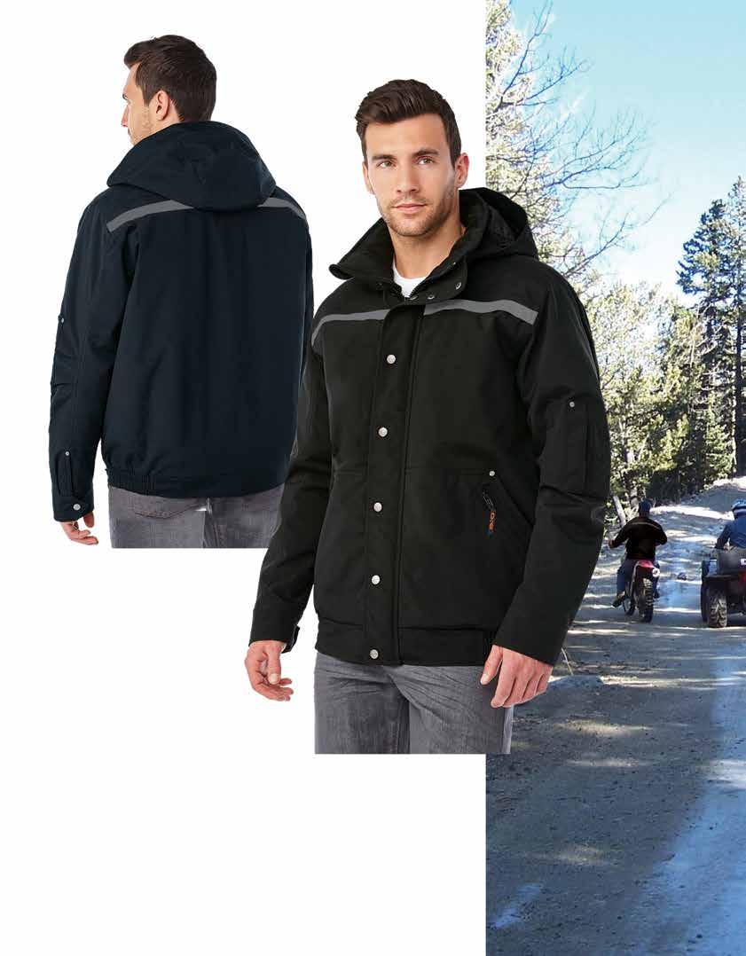 HEVY DUTY INSULTED BOMBER 100% polyester with a waterproof and breathable membrane. Lined with quilted 3M Thinsulate in the body and 100% polyester padding in the sleeves and hood.