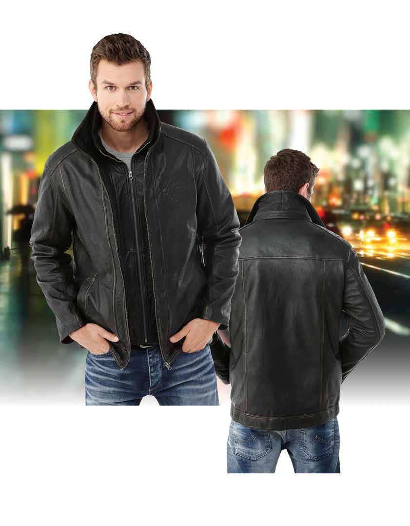V LETHER JCKET Fully insulated genuine lamb leather jacket. Genuine crinkled insulated lamb leather. Removeable inner rib collar. Self stitch with distressed seams.