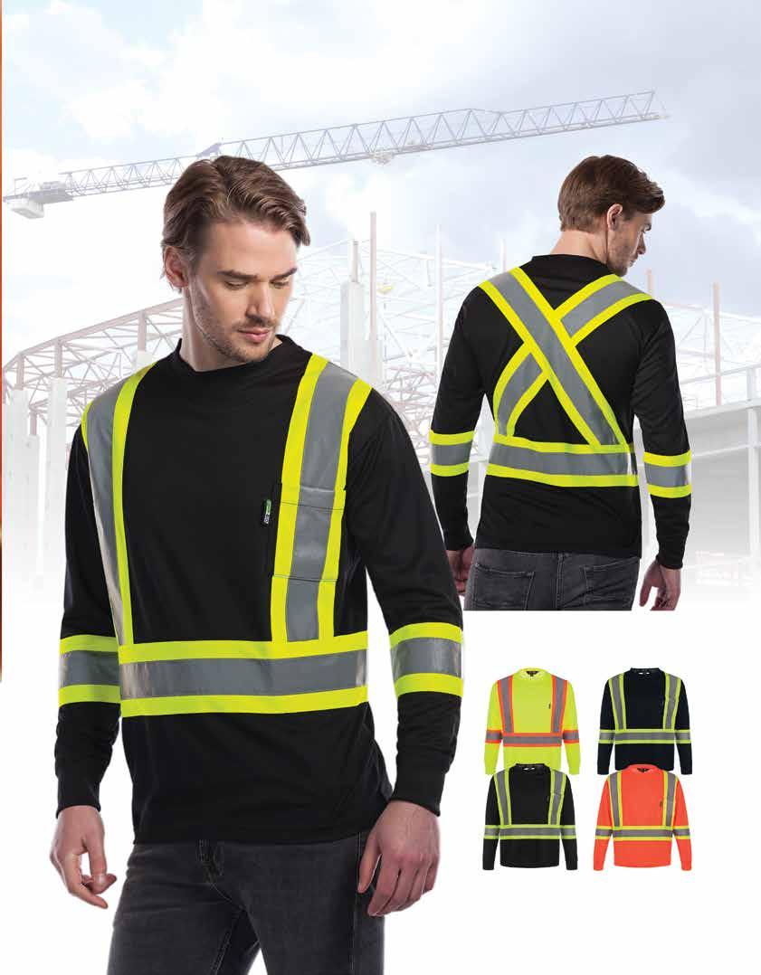 LONG SLEEVE HI-VIS T-SHIRT Long sleeve 100% polyester knitted birds-eye mesh wicking finish with a pocket. Inclusive with a 4 band with reflective tape front and back in WSIB configuration.