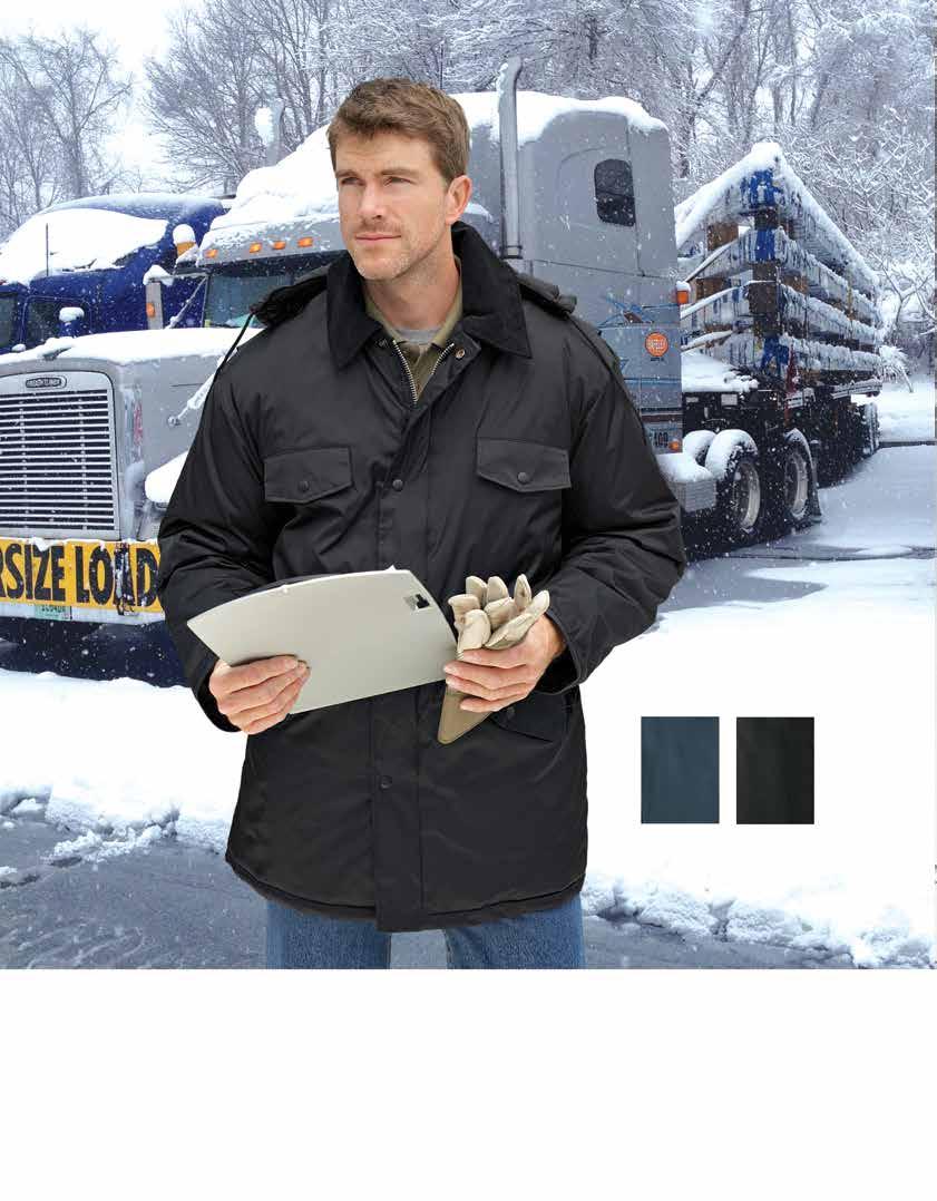 V Navy Black UTILITY PRK Utility Polyurethane coated nylon twill outer shell. 8 oz. thermal insulation in body and 6 oz. in sleeves. Detachable zip-off hood and corduroy collar.