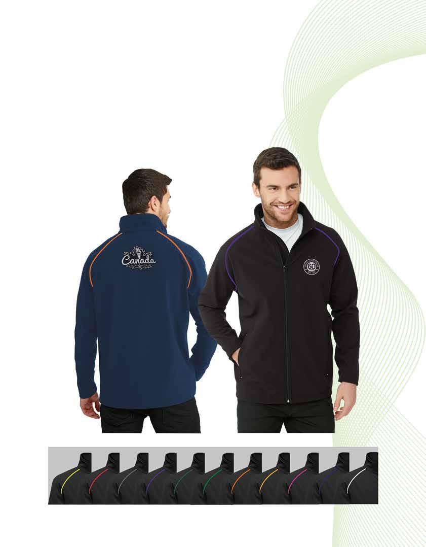 Custom SOFTSHELL PROGRM 96% Polyester / 4% Spandex bonded with fleece, full zip front with zippered pockets, drawstring bottom and Cool Mesh piping 2 standard body colours to choose from (Black,