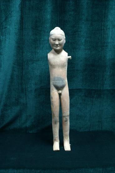 132. Inventory number: YG2067 Object title: Painted male warrior figure (naked, original clothes and wooden arms have not survived) Dimensions: Height 56.7cm; Width 9.