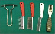 Pictured is a range of combs suitable for use on dogs and cats.