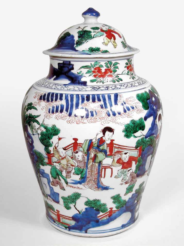 Chinese Wucai Porcelain Jar and Cover TRANSITIONAL/ SHUNZHI PERIOD, CA: MID-17TH CENTURY Decorated