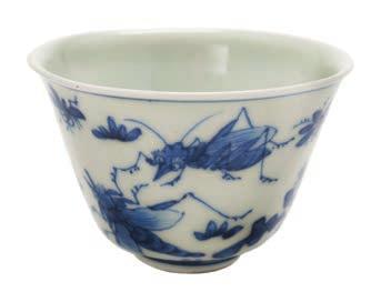 531 A Chinese porcelain wine cup of circular mildly flaring form, the exterior painted in blue with a large insect, crickets and moths amongst foliage, blue four character mark to base, 8 cm