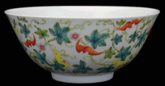 175 An 18th Century Chinese Famille Verte Bowl An 18th Century Chinese Famille Verte Bowl, the bowl painted to the exterior with nine bats flying amidst leafy vines suspending nine double gourds, the