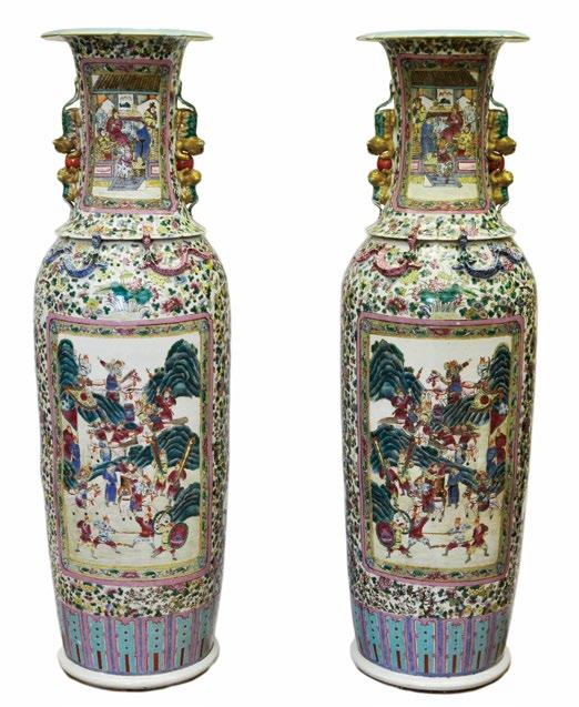 185 A Pair of Large Chinese Porcelain Vases A Pair of Large Chinese Porcelain Vases, 19th century, large balaster vases with tall flaring necks with lotus lobed lips, pairs of fu dogs for handles and