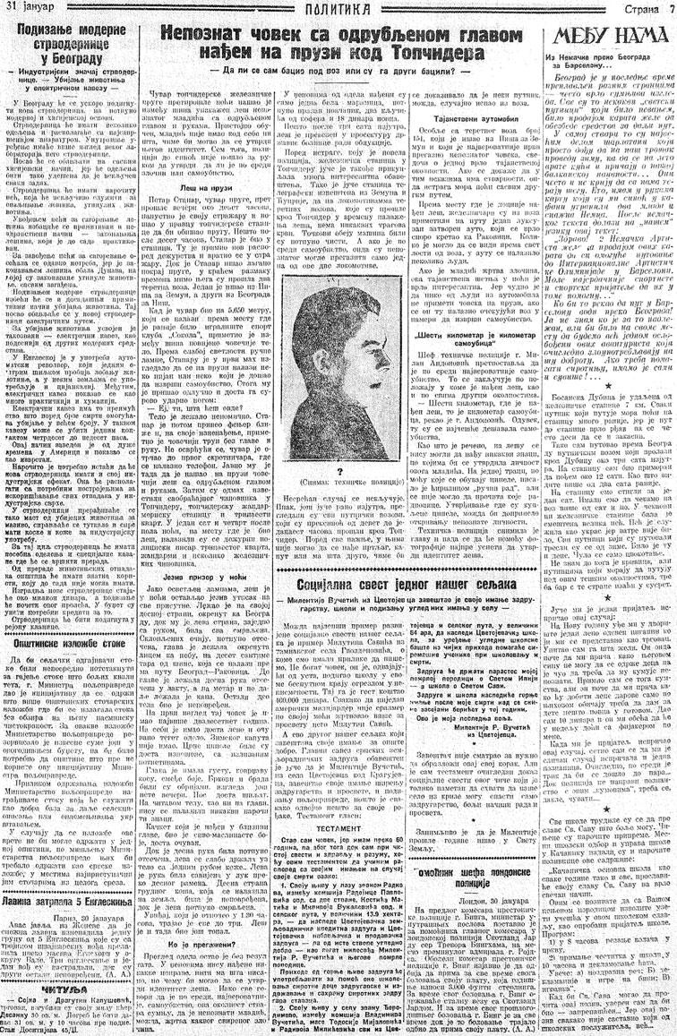 Fig. 3 Page of the newspaper Politika, edited on the 31st of December, 1931, with a forensic police photograph of the deceased and text about a beheaded man found on the railroad tracks Individuals