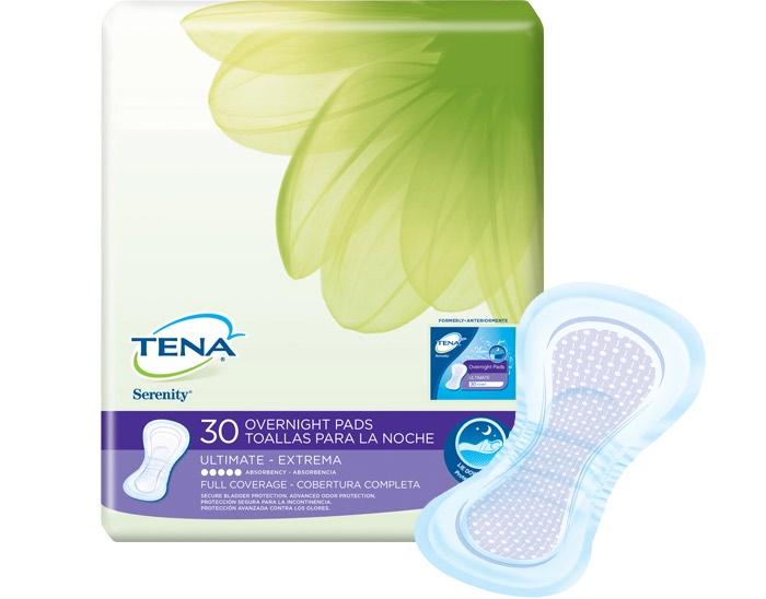 Overnight Pad TENA Effective and discreet protection for moderate to heavy bladder leakage S haped to be wider at the back and front to protect better when lying down ph Balanced for