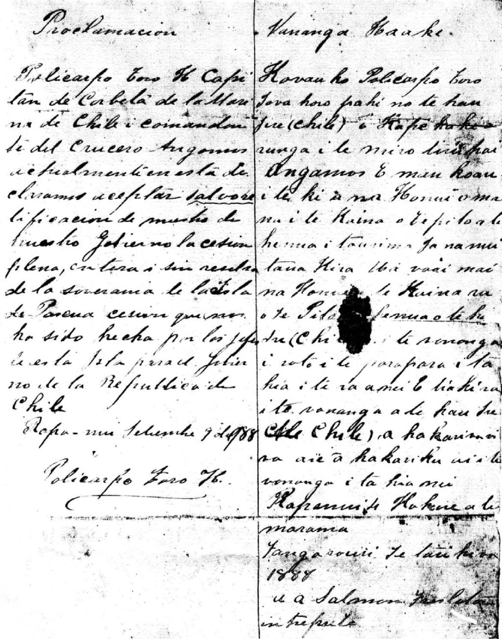 FIGURE 1(b). Proclamation : Proclamacion and Vananga Haaki, Salomon, A.A. [for Captain Policarpo Toro, Chilean Navy] (1888) (National Historic Archives of Chile). derive the intention of the chiefs.