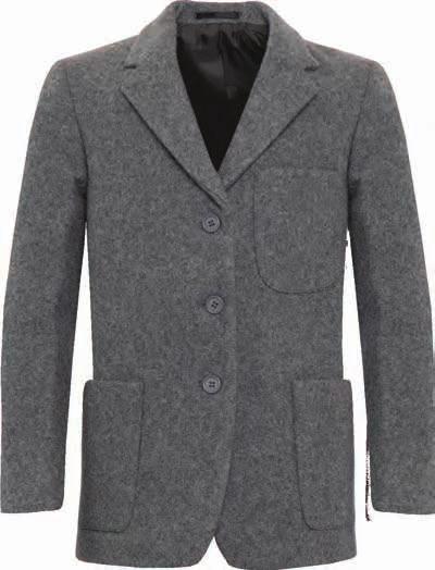 clean only 100% Wool Two button jacket Plain back (girls) Two side vents (boys) Fitted styling Angled jetted hip pockets with flaps Angled