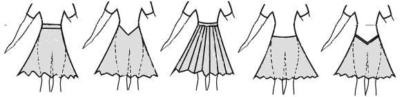 Skirts: - plain or pleated, made of minimum 1 to maximum 3 half circles - OA, - one simple