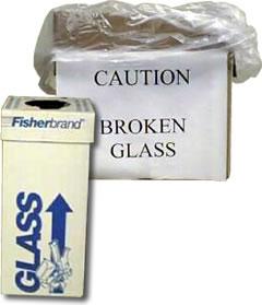 Discard into a sturdy cardboard box lined with non-red colored trash bag. If box is not pre-marked to indicate broken glass, mark box to convey hazard i.e. Caution Broken Glass.