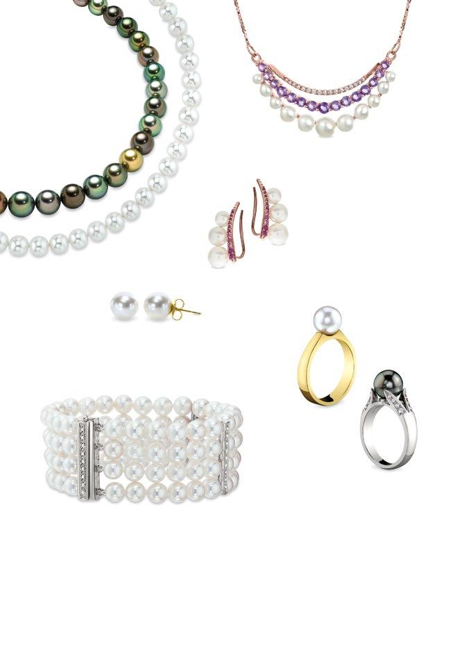 C A B D E G F H A. Multi color Tahitian pearl necklace 9-11mm in diameter and 18 in length, $4,500 B. Japanese Akoya pearl necklace 6-6.5mm in diameter and 18 in length, $1,200 C.