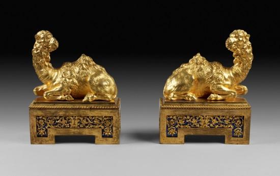 8. Pair of Firedogs Pierre Gouthière 1777 Gilt bronze and blued steel 12¾ 8⅞ 4⅜