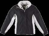 Outer jacket features concealed zip-off hood, storm flap, welted side pockets, shock cord