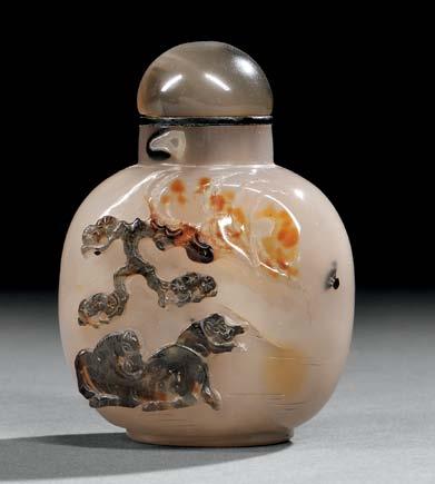 $400-500 34 Agate Snuff Bottle with Horse and Monkey, China, Qing dynasty, flattened round form with rounded shoulder and straight neck, resting on an oval foot, the light gray stone with black and