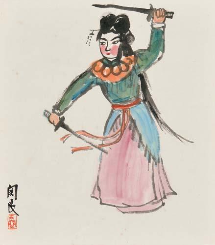 155 156 155 Painting Depicting an Opera Figure, China, in the manner of Guan Liang (1900-1986), portraying a sword