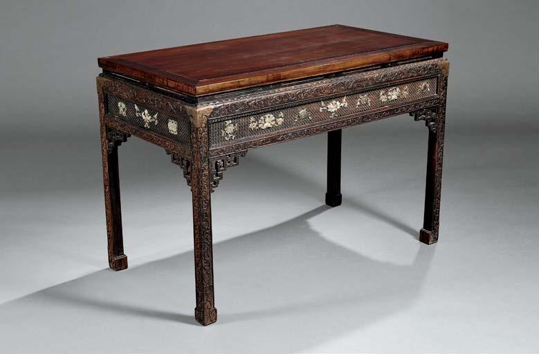 165 165 Hongmu Altar Table, China, Qing dynasty, rectangular top above a narrow straight waist with long horizontal openings, placed on a wider frame with carved bands of lotus petal lappets around a