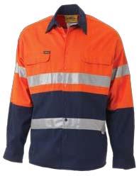 BTC6456 2 TONE CLOSED FRONT HI VIS DRILL SHIRT 3M REFLECTIVE TAPE - LONG SLEEVE FEATURES: 2 piece contrast collar ½ closed placket Twin
