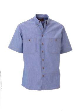 P31801 BS1410 CHAMBRAY SHIRT - SHORT SLEEVE FEATURES: Button down collar 2 rounded chest pockets with button down flaps Contrast mustard stitching detail FABRIC: 100% Cotton Chambray SIZE: S - 3XL