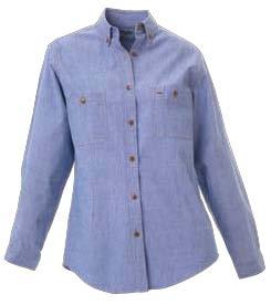 straight hem 35% Cotton Structure Weave SIZE: 8-24 COLOURS: Blue (BBYD) B76407L LADIES - CHAMBRAY SHIRT - LONG SLEEVE FEATURES: Button down collar 2 open chest pockets with button Single button up