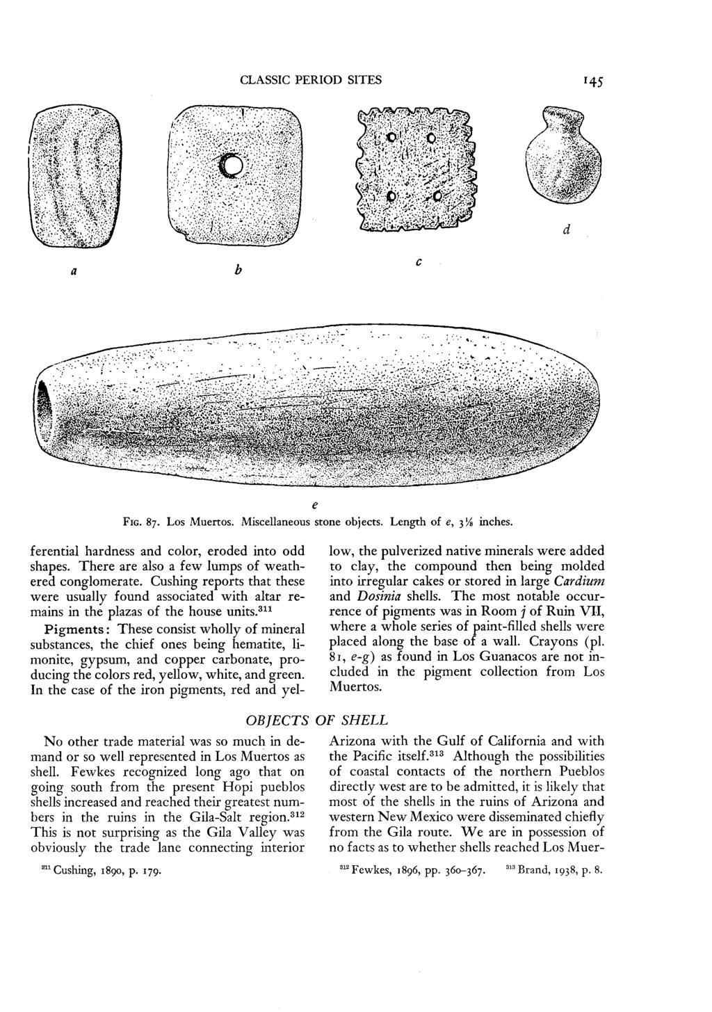 CLASSIC PERIOD SITES 1 45 d a FIG. 87. Los Muertos. Miscellaneous stone objects. Length of e, 3 1/8 inches. ferential hardness and color, eroded into odd shapes.