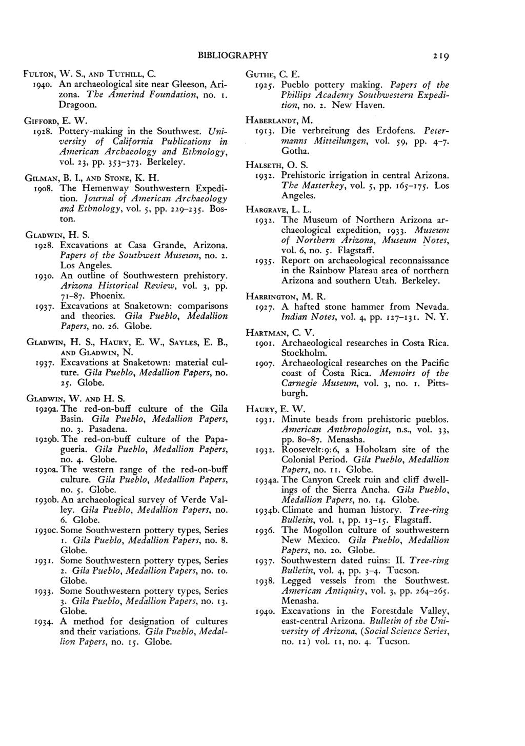 BIBLIOGRAPHY 219 FULTON, W. S., AND Tu -1-HILL, C. 1940. An archaeological site near Gleeson, Arizona. The Amerind Foundation, no. i. Dragoon. GIFFORD, E. W. 1928. Pottery-making in the Southwest.
