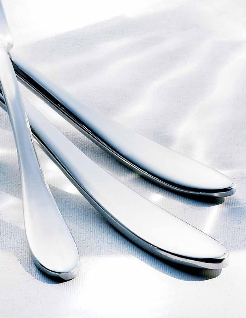 Large teardrop handles taper beautifully to the neck of each piece of Lazzo flatware.