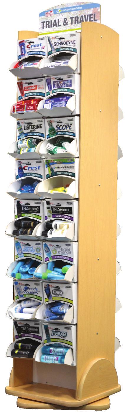 2-Sided Dispensit Spinner Display This slender spinning display holds 32 SKUs which makes it a perfect solution for