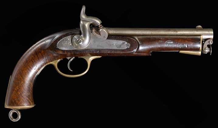 4336 4336 A pattern 1858 Colonial Volunteer pistol issued to the Prince Edward Island Volunteers Tapered, round 7 7/8 inch barrel rifled in.60 caliber; breech with government markings; swivel ramrod.